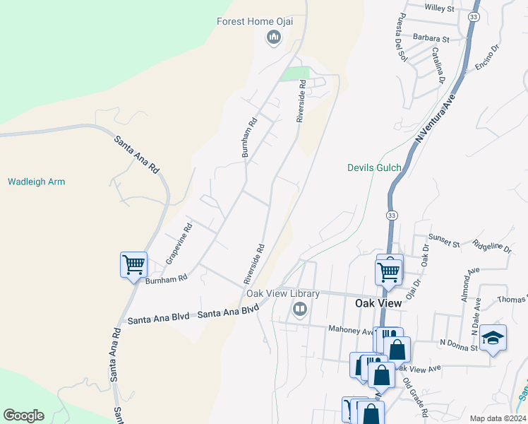 map of restaurants, bars, coffee shops, grocery stores, and more near 289 Riverside Road in Oak View