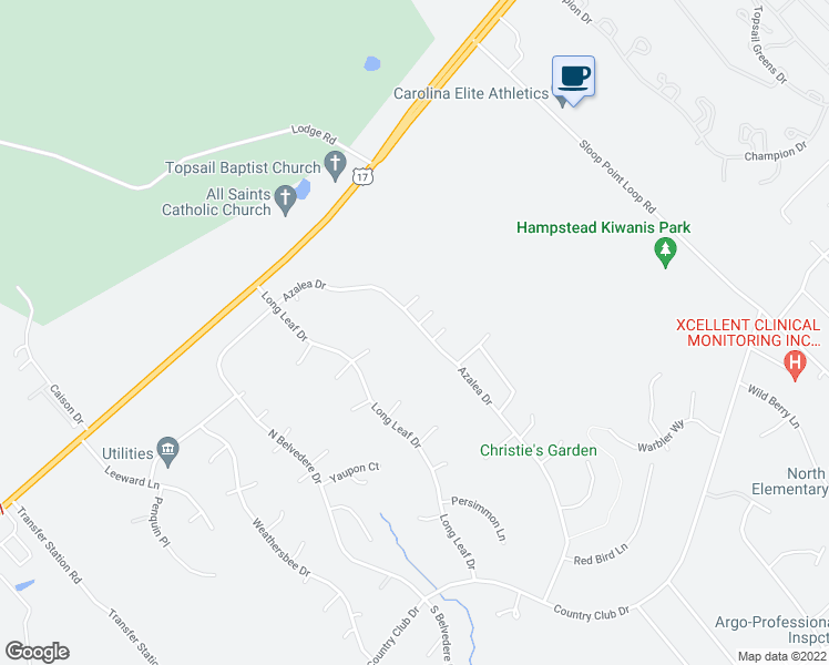 map of restaurants, bars, coffee shops, grocery stores, and more near 300 Azalea Drive in Hampstead