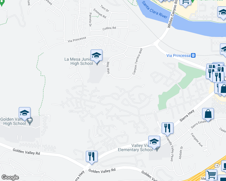 map of restaurants, bars, coffee shops, grocery stores, and more near 26337 Green Terrace Drive in Santa Clarita