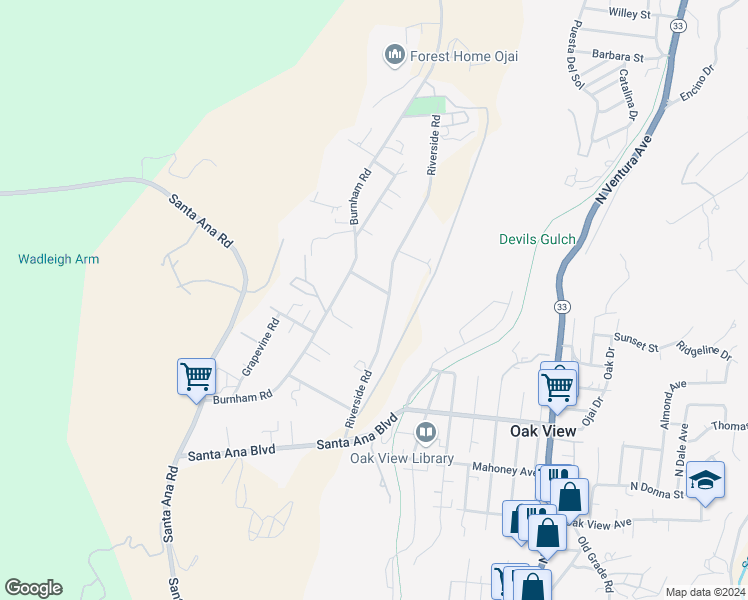 map of restaurants, bars, coffee shops, grocery stores, and more near 289 Riverside Road in Oak View