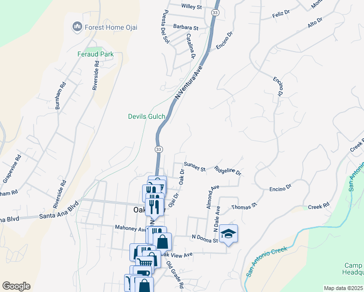 map of restaurants, bars, coffee shops, grocery stores, and more near 224 Valley View Drive in Oak View