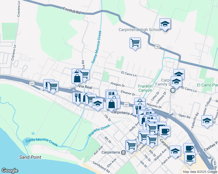 map of restaurants, bars, coffee shops, grocery stores, and more near 1300 Dahlia Court in Carpinteria