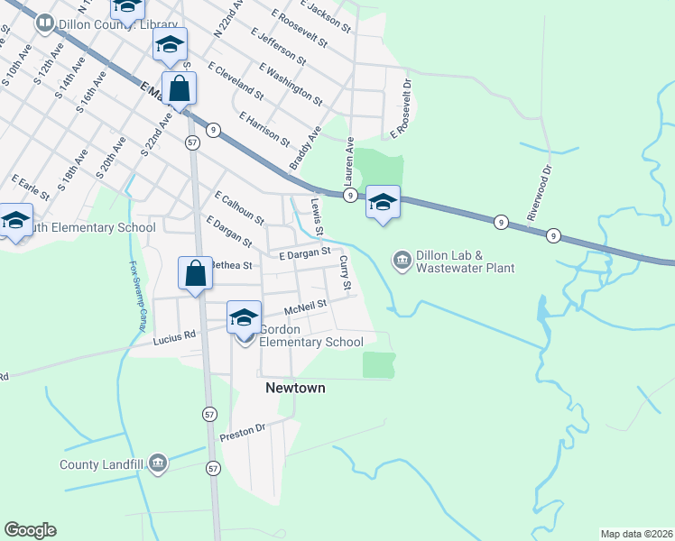 map of restaurants, bars, coffee shops, grocery stores, and more near 550-712 Curry Street in Dillon