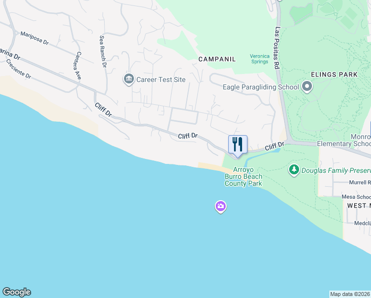 map of restaurants, bars, coffee shops, grocery stores, and more near 3213 Cliff Drive in Santa Barbara