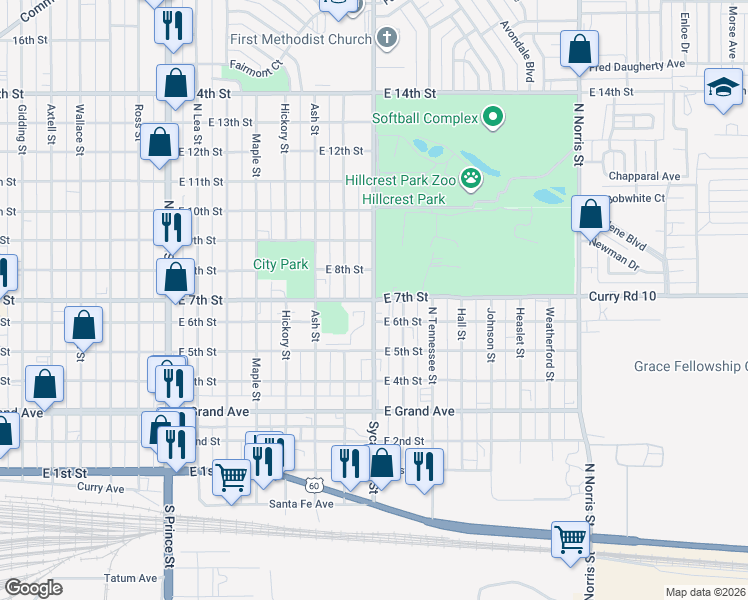 map of restaurants, bars, coffee shops, grocery stores, and more near Sycamore Street in Clovis