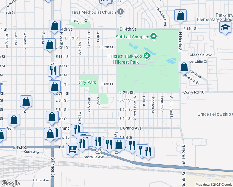 map of restaurants, bars, coffee shops, grocery stores, and more near 1499 East 7th Street in Clovis