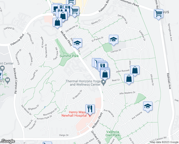 map of restaurants, bars, coffee shops, grocery stores, and more near McBean Pkwy & Arroyo Park Dr in Santa Clarita