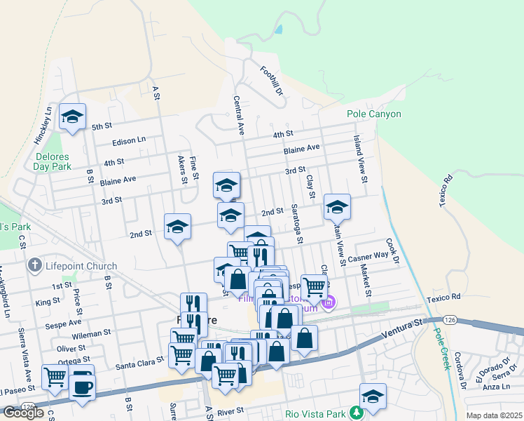 map of restaurants, bars, coffee shops, grocery stores, and more near 546 Central Avenue in Fillmore