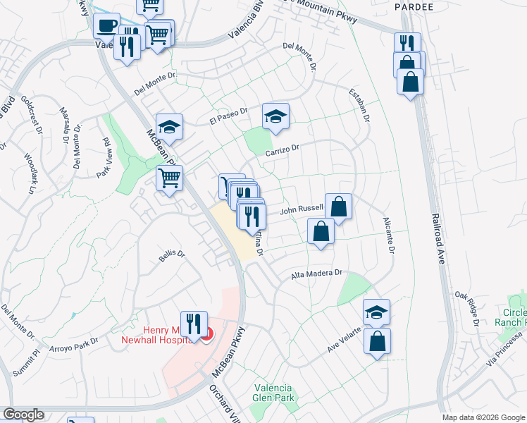 map of restaurants, bars, coffee shops, grocery stores, and more near 23644 Mesa Court in Santa Clarita