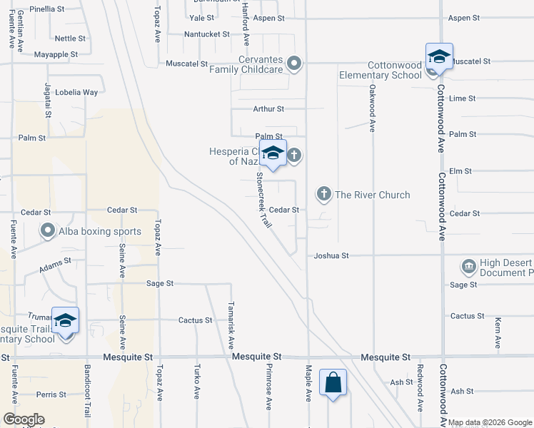 map of restaurants, bars, coffee shops, grocery stores, and more near 14405 Cedar Street in Hesperia