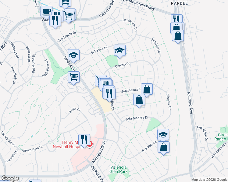 map of restaurants, bars, coffee shops, grocery stores, and more near 23644 Mesa Court in Santa Clarita