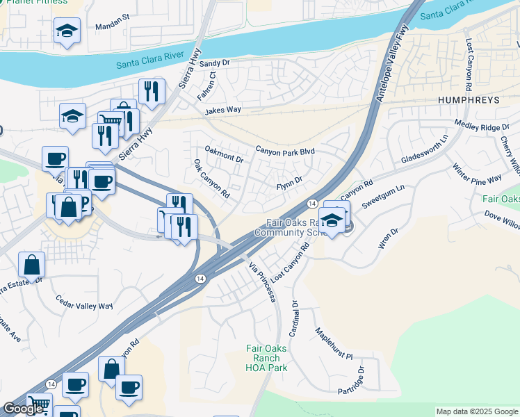 map of restaurants, bars, coffee shops, grocery stores, and more near 27004 Karns Court in Santa Clarita