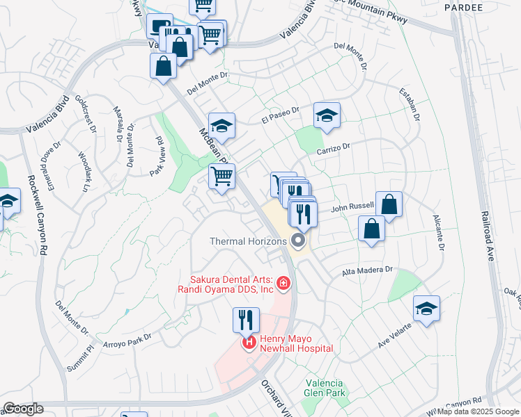 map of restaurants, bars, coffee shops, grocery stores, and more near 23930 Arroyo Park Drive in Santa Clarita