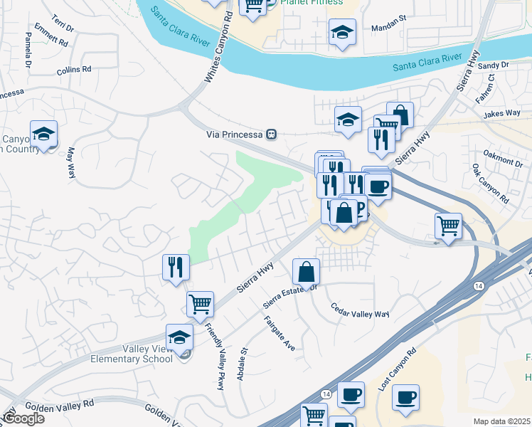 map of restaurants, bars, coffee shops, grocery stores, and more near in Santa Clarita