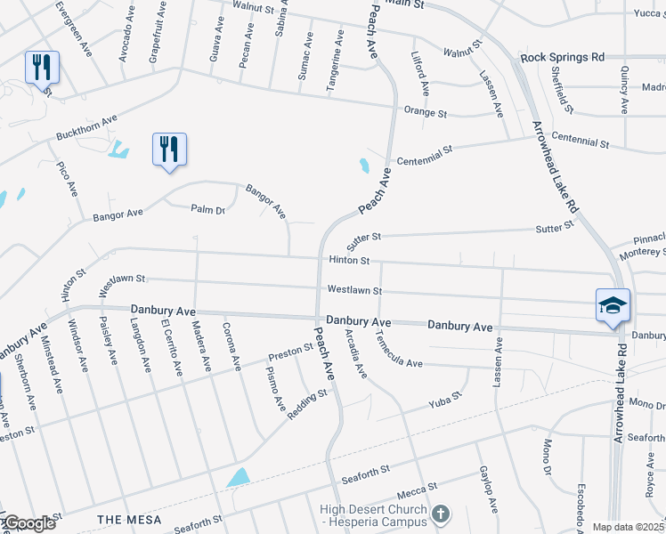 map of restaurants, bars, coffee shops, grocery stores, and more near 18315 Hinton Street in Hesperia
