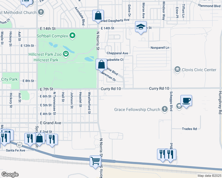 map of restaurants, bars, coffee shops, grocery stores, and more near 208 Burro Trail in Clovis