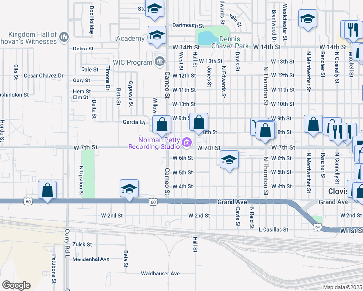 map of restaurants, bars, coffee shops, grocery stores, and more near 712 Hull Street in Clovis