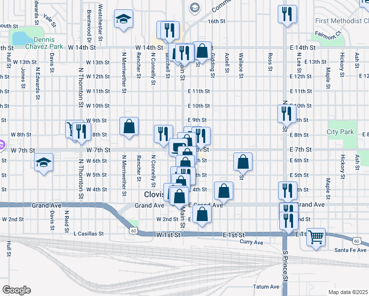 map of restaurants, bars, coffee shops, grocery stores, and more near in Clovis