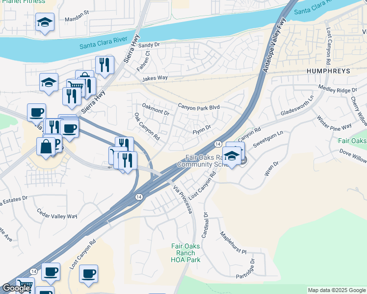 map of restaurants, bars, coffee shops, grocery stores, and more near 27001 Karns Court in Santa Clarita