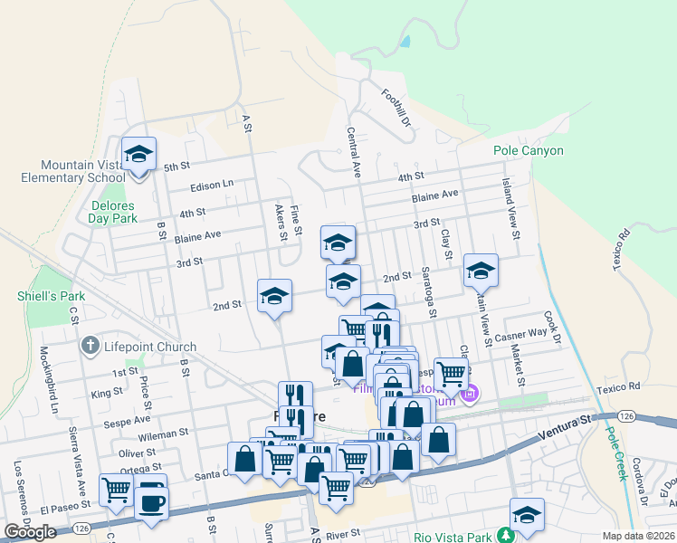 map of restaurants, bars, coffee shops, grocery stores, and more near 615 Shiells Drive in Fillmore