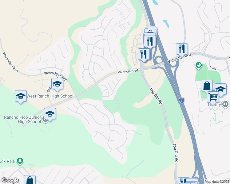 map of restaurants, bars, coffee shops, grocery stores, and more near 25632 Via Ventana in Stevenson Ranch