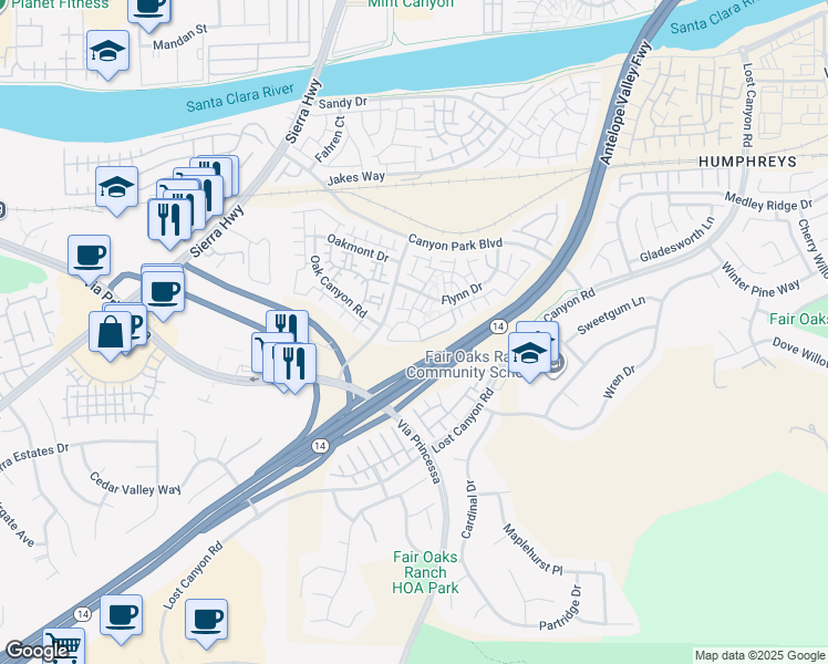 map of restaurants, bars, coffee shops, grocery stores, and more near 27012 Karns Court in Los Angeles County