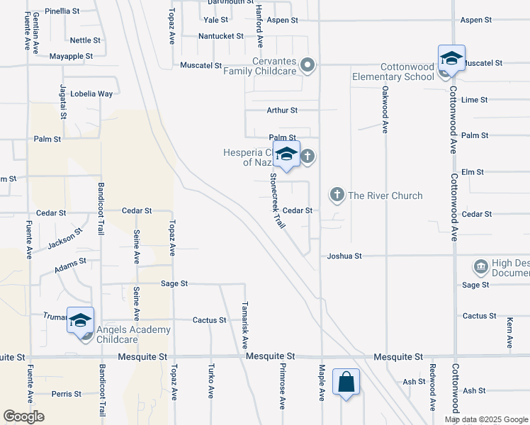 map of restaurants, bars, coffee shops, grocery stores, and more near 14359 Cedar Street in Hesperia