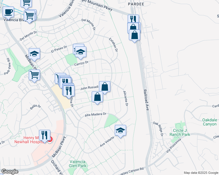 map of restaurants, bars, coffee shops, grocery stores, and more near 25715 Leticia Drive in Santa Clarita