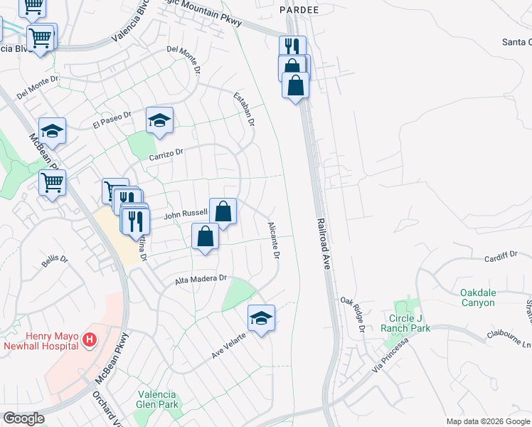 map of restaurants, bars, coffee shops, grocery stores, and more near 23379 Calle Arino in Santa Clarita