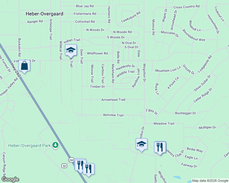 map of restaurants, bars, coffee shops, grocery stores, and more near 2170 Rainbow Trail in Heber-Overgaard