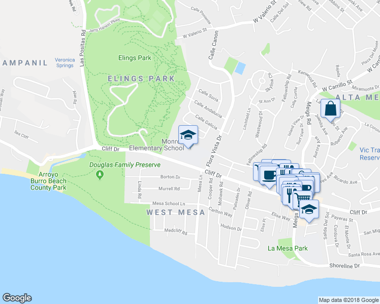 map of restaurants, bars, coffee shops, grocery stores, and more near 431 Flora Vista Drive in Santa Barbara