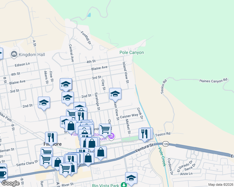 map of restaurants, bars, coffee shops, grocery stores, and more near 558 Mountain View Street in Fillmore
