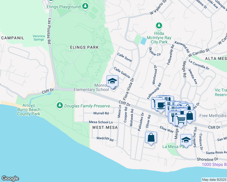 map of restaurants, bars, coffee shops, grocery stores, and more near 431 Flora Vista Drive in Santa Barbara