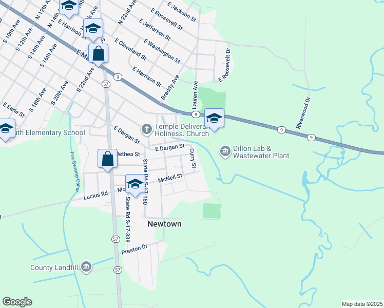 map of restaurants, bars, coffee shops, grocery stores, and more near 550 Curry Street in Dillon