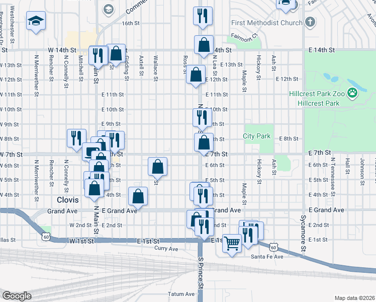 map of restaurants, bars, coffee shops, grocery stores, and more near 716 North Prince Street in Clovis