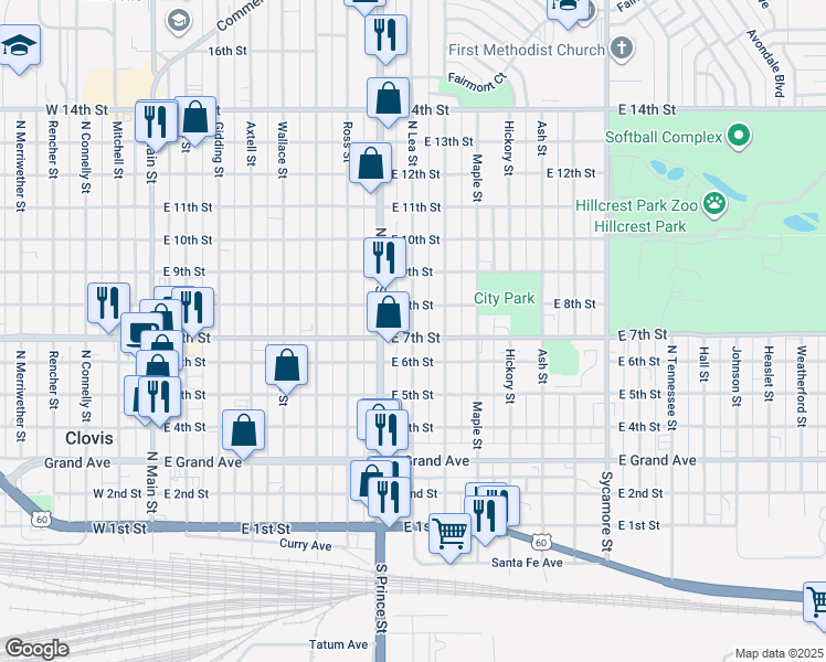 map of restaurants, bars, coffee shops, grocery stores, and more near 716 North Lea Street in Clovis