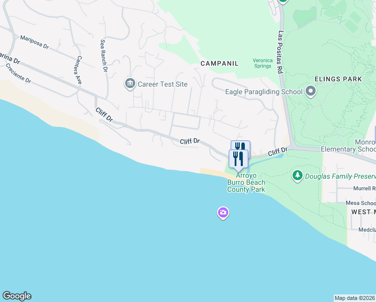 map of restaurants, bars, coffee shops, grocery stores, and more near 3213 Cliff Drive in Santa Barbara