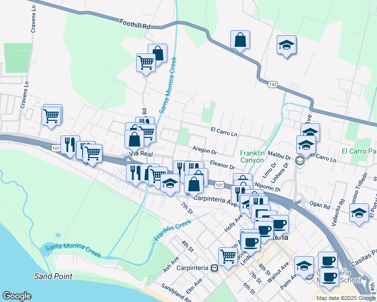 map of restaurants, bars, coffee shops, grocery stores, and more near 4505 Aragon Drive in Carpinteria