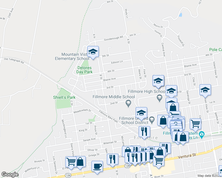 map of restaurants, bars, coffee shops, grocery stores, and more near 834 3rd Street in Fillmore