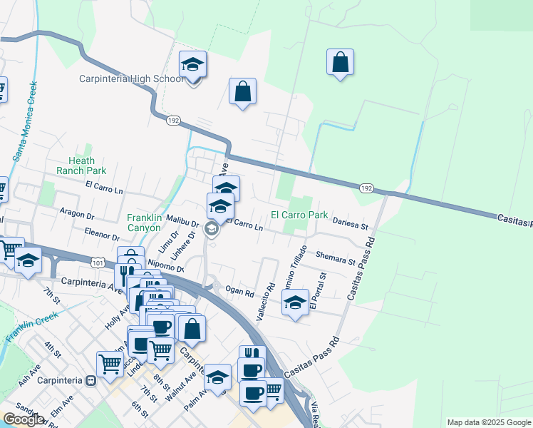map of restaurants, bars, coffee shops, grocery stores, and more near 5226 El Carro Lane in Carpinteria
