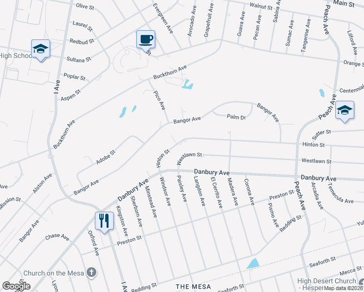 map of restaurants, bars, coffee shops, grocery stores, and more near 17815 Hinton Street in Hesperia