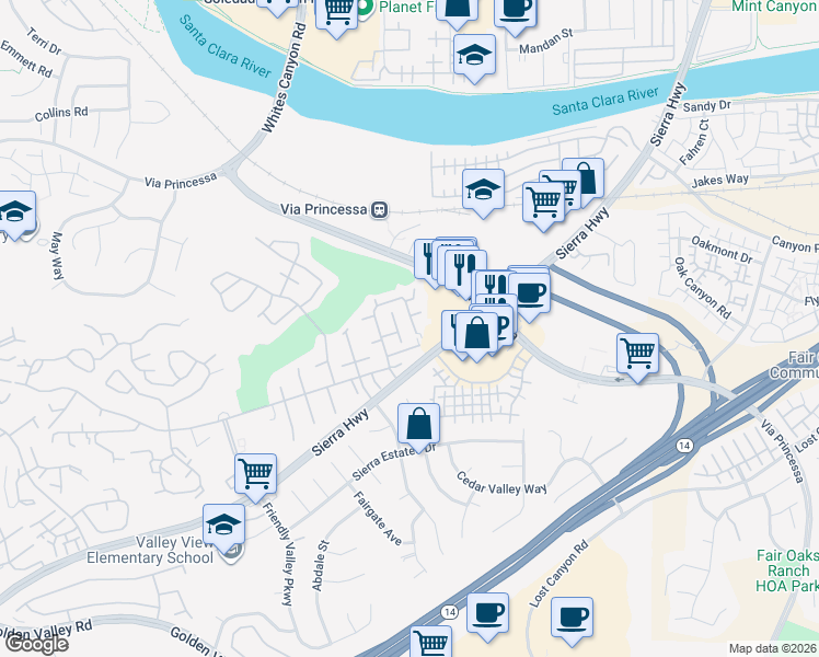 map of restaurants, bars, coffee shops, grocery stores, and more near 18914 Circle of the Oaks in Santa Clarita