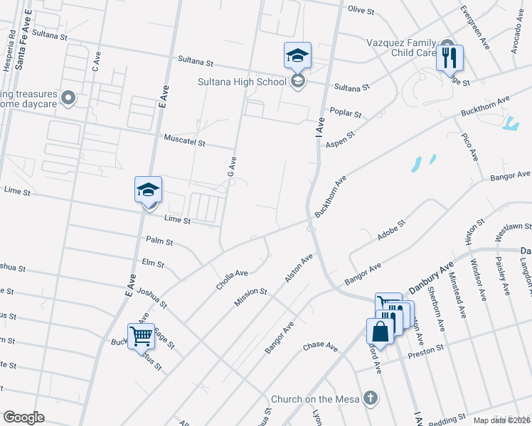 map of restaurants, bars, coffee shops, grocery stores, and more near 17185 Fremontia Street in Hesperia