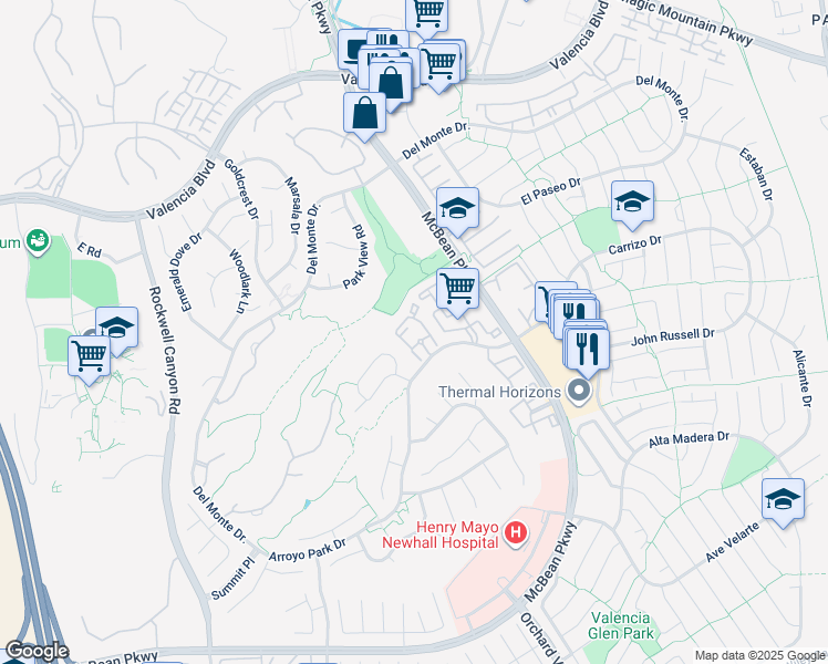 map of restaurants, bars, coffee shops, grocery stores, and more near 24023 Arroyo Park Drive in Santa Clarita