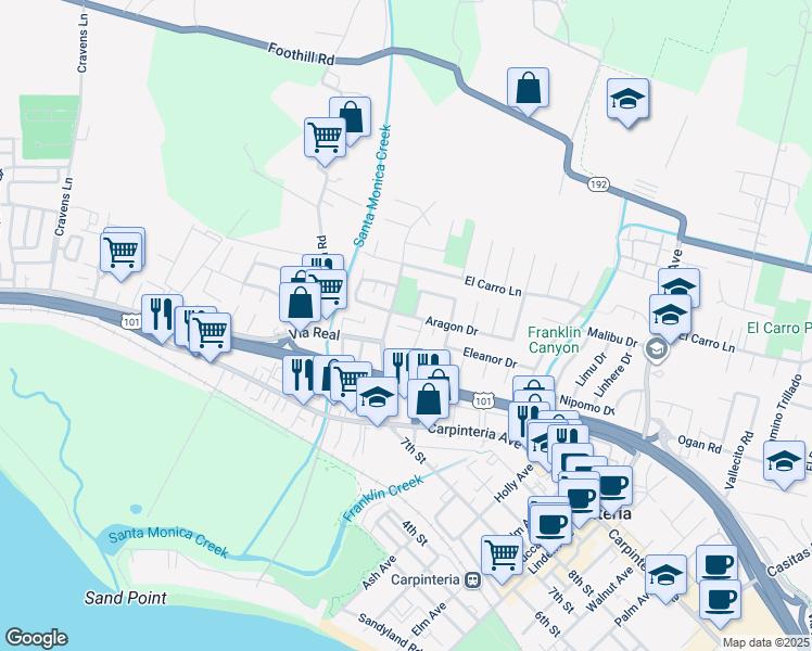 map of restaurants, bars, coffee shops, grocery stores, and more near 4505 Aragon Drive in Carpinteria