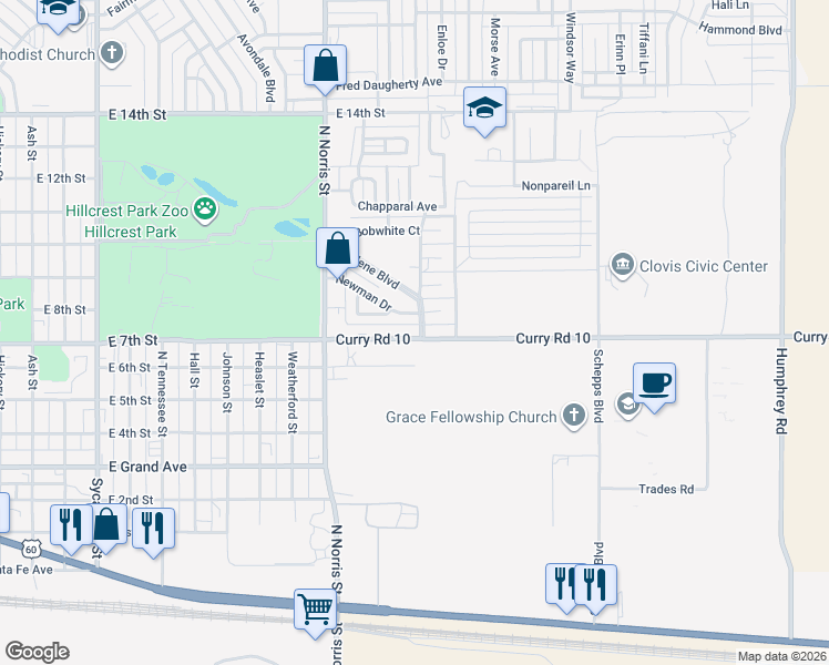 map of restaurants, bars, coffee shops, grocery stores, and more near 2530 East 7th Street in Clovis