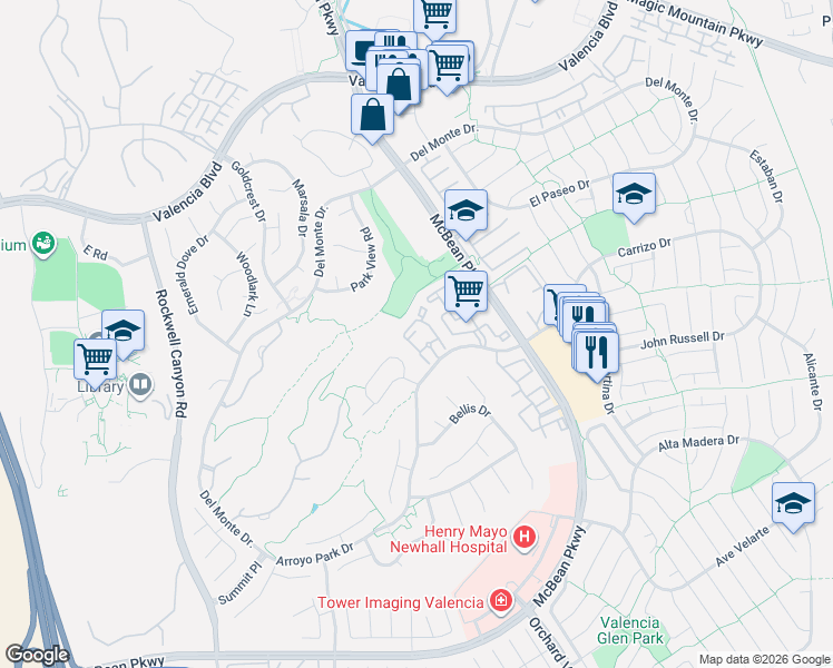 map of restaurants, bars, coffee shops, grocery stores, and more near 24023 Arroyo Park Drive in Santa Clarita
