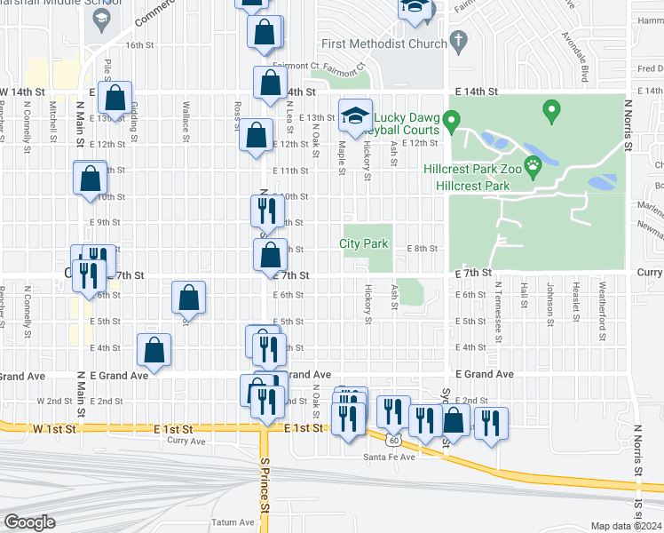 map of restaurants, bars, coffee shops, grocery stores, and more near 1014 East 7th Street in Clovis