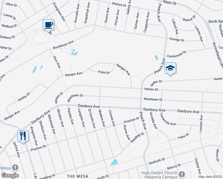 map of restaurants, bars, coffee shops, grocery stores, and more near 18127 Hinton Street in Hesperia