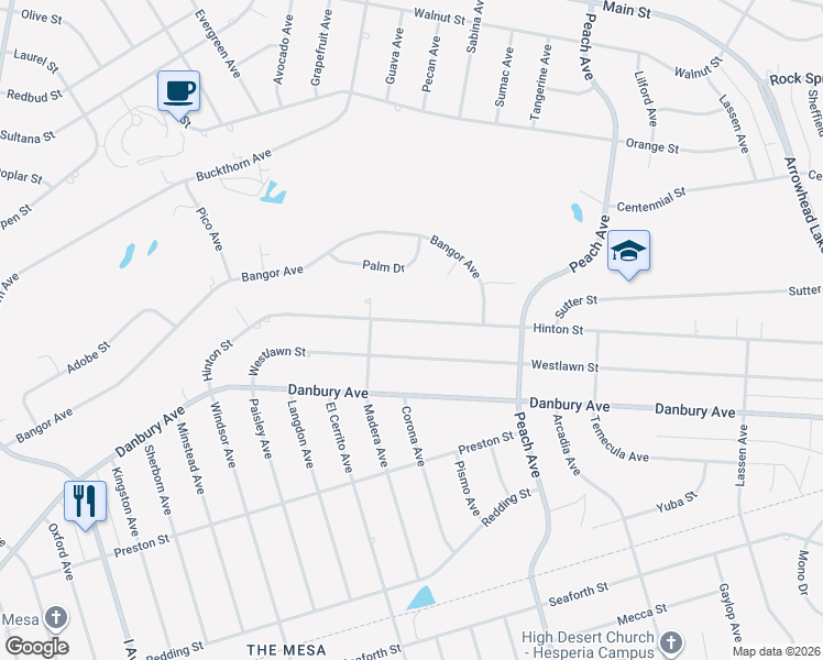 map of restaurants, bars, coffee shops, grocery stores, and more near 18127 Hinton Street in Hesperia